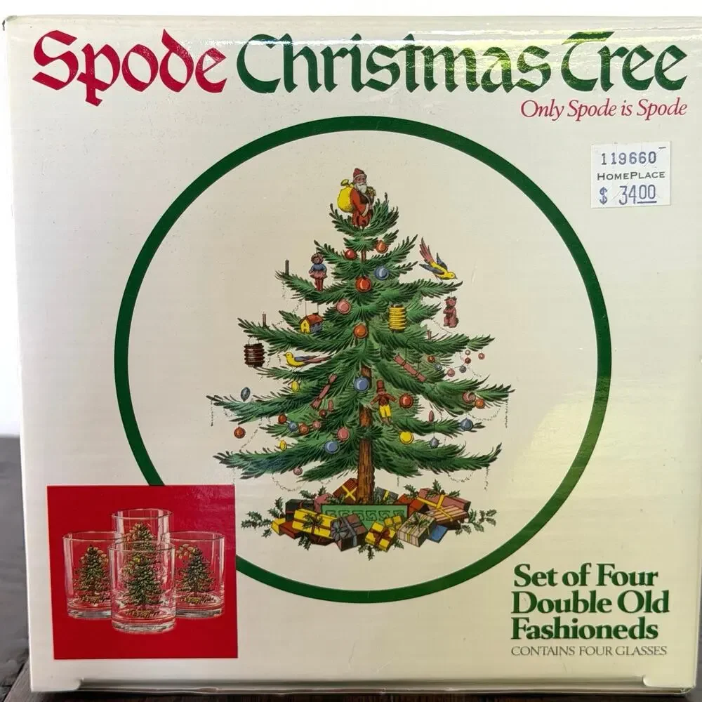 Spode Christmas Tree Set of 4 Double Old Fashioned Glasses with Gold Rim